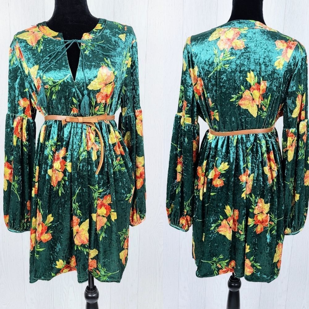Vintage Lucy Wang Vintage Green Velvet Dress Floral